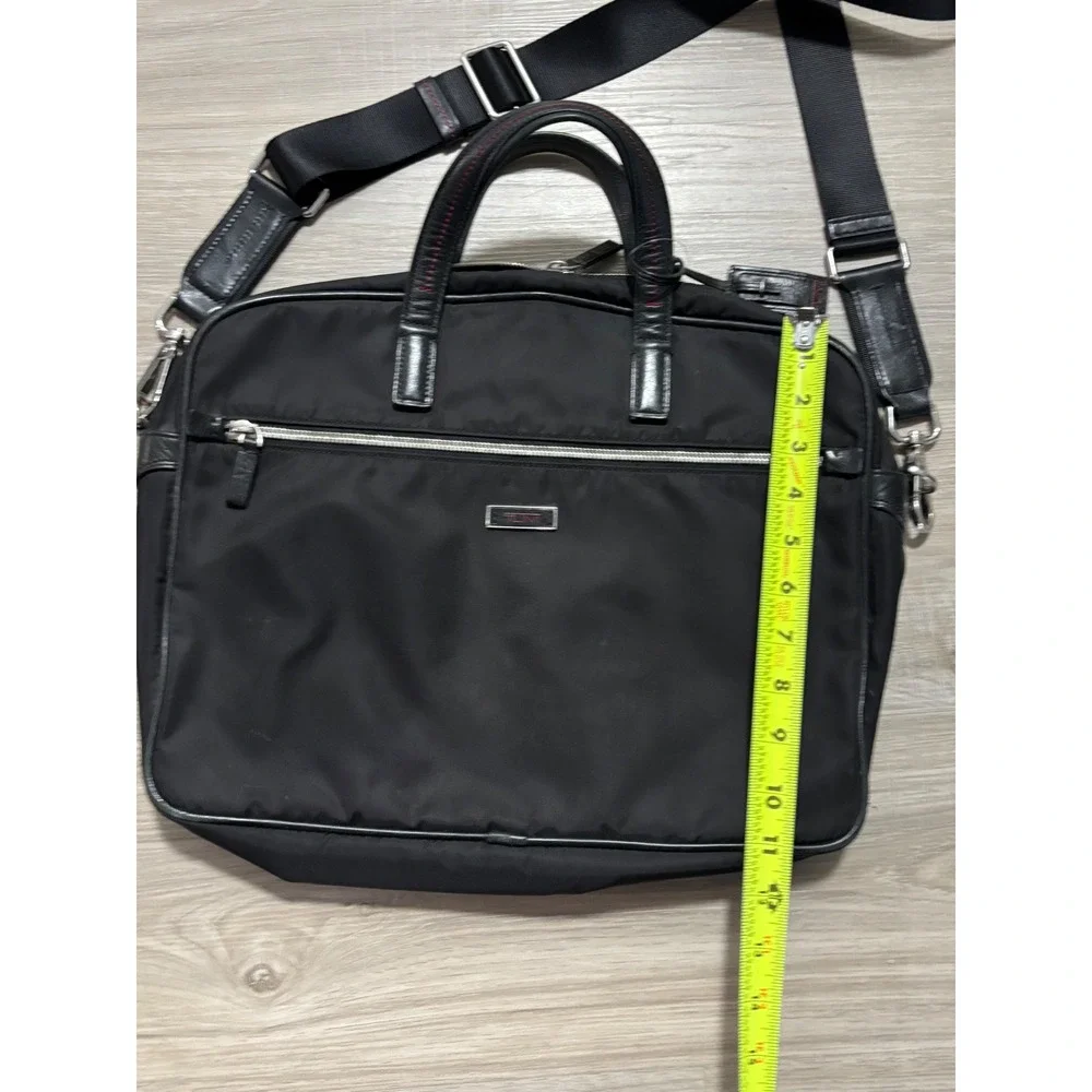 Tumi Black Ballistic Nylon Leather Trim Briefcase Messenger Bag Red Stitching